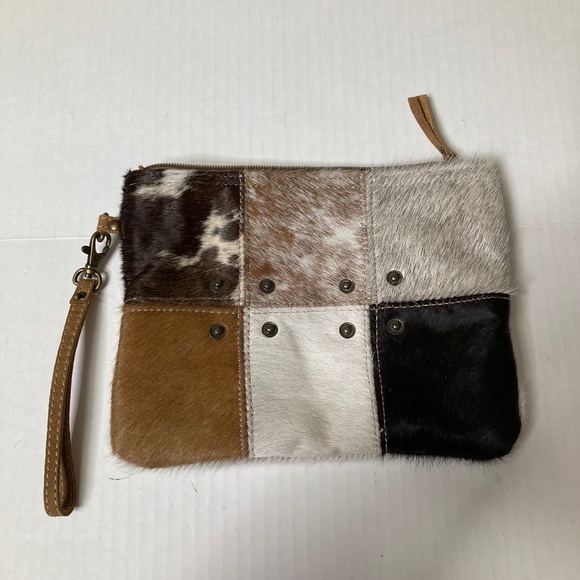 Myra Bags Hair On Patchwork Wristlet Leather Strap Zip Close 9" - Picture 1 of 8
